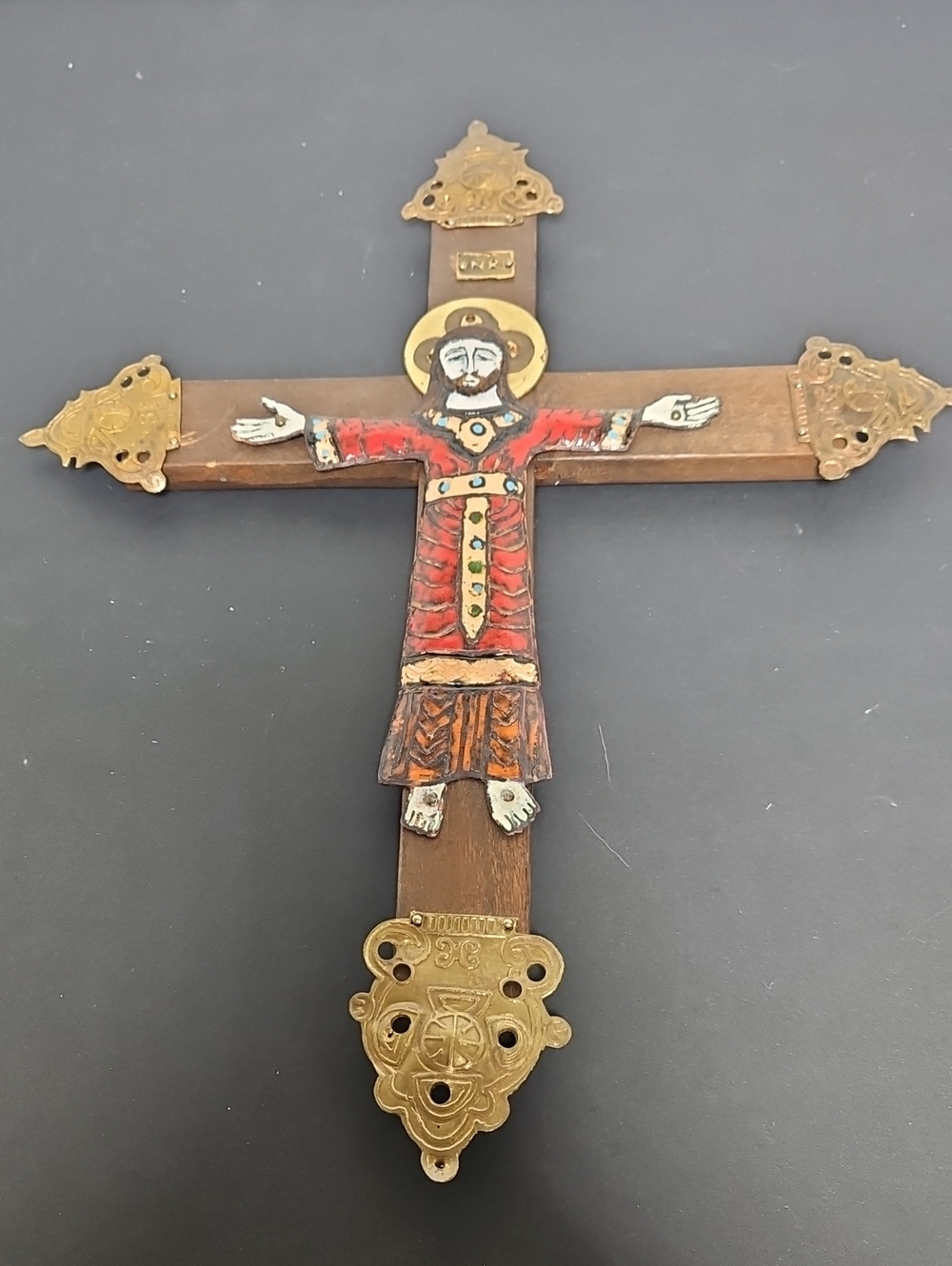 Vintage Wall Crucifix Wood Metal Corpus Hand Painted Brass Accents